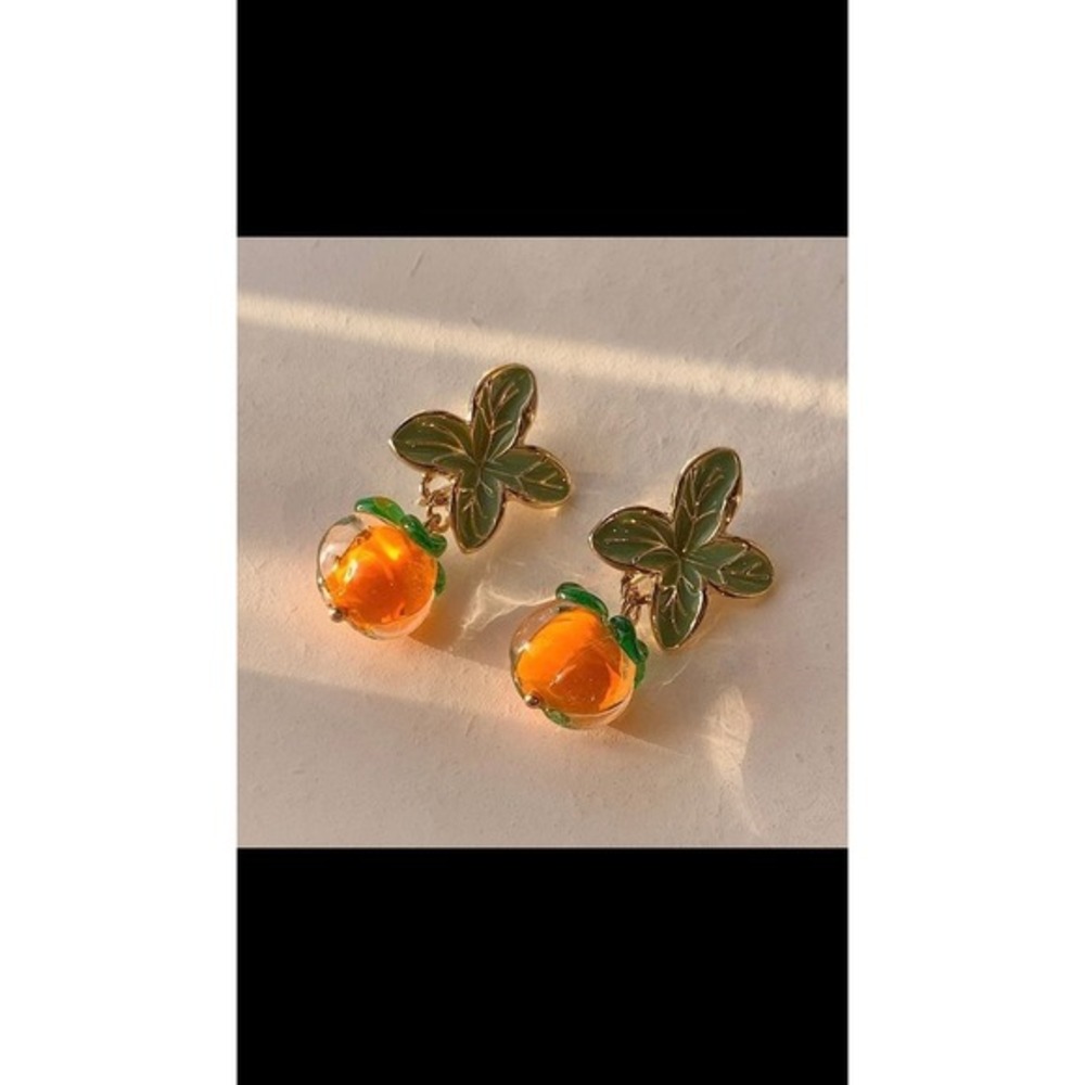 Persimmon Fruit Drop Earrings Womens OS Orange New Enamel‎ Leaf Dangle Jewelry